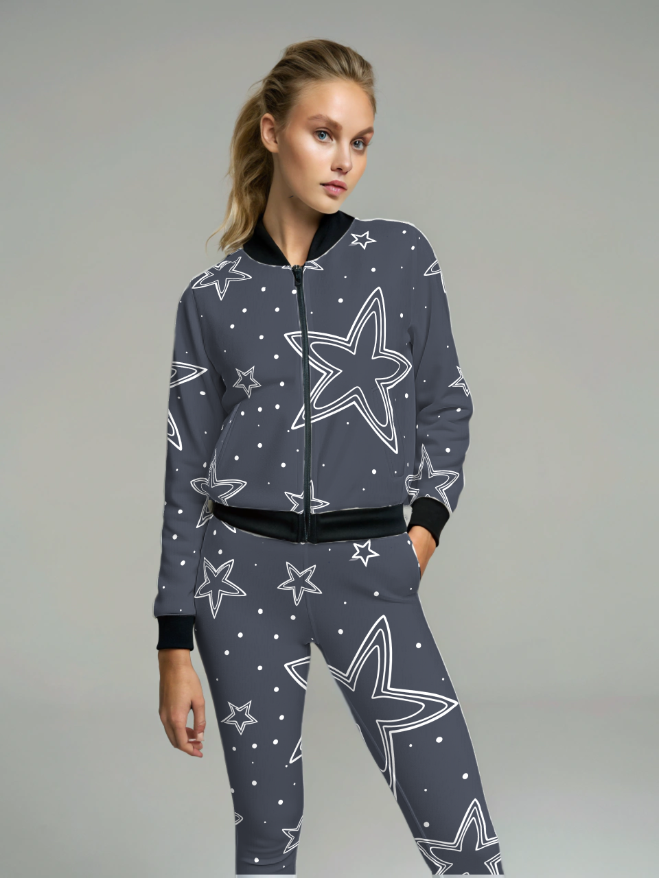 Mesmerizing Star Gaze Print High Waist Body Shaping Grey Leggings