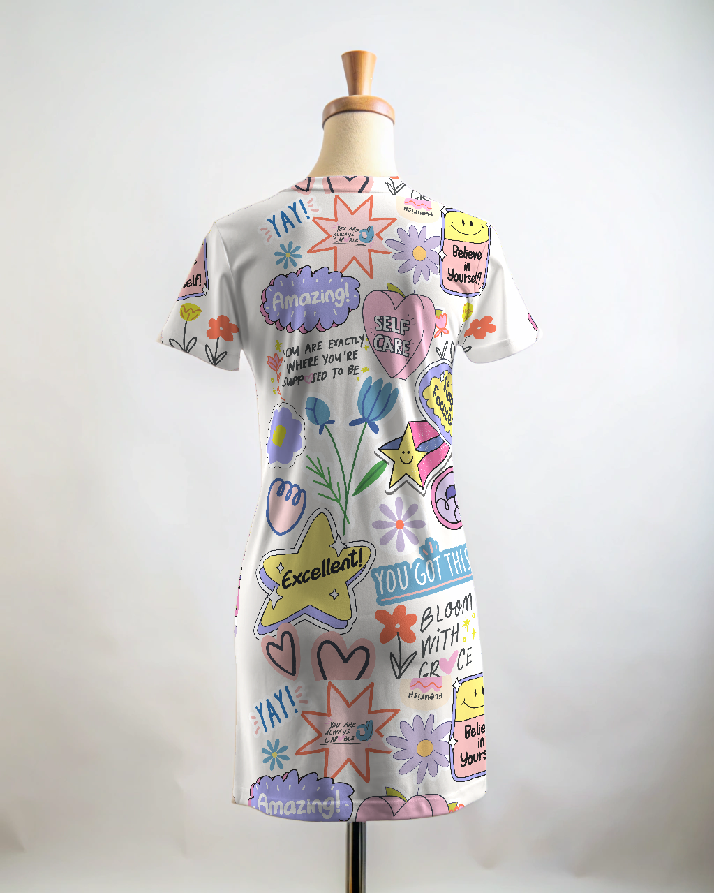 Cool Comfort Wear Stay Focussed Montage Print White T Shirt Dress