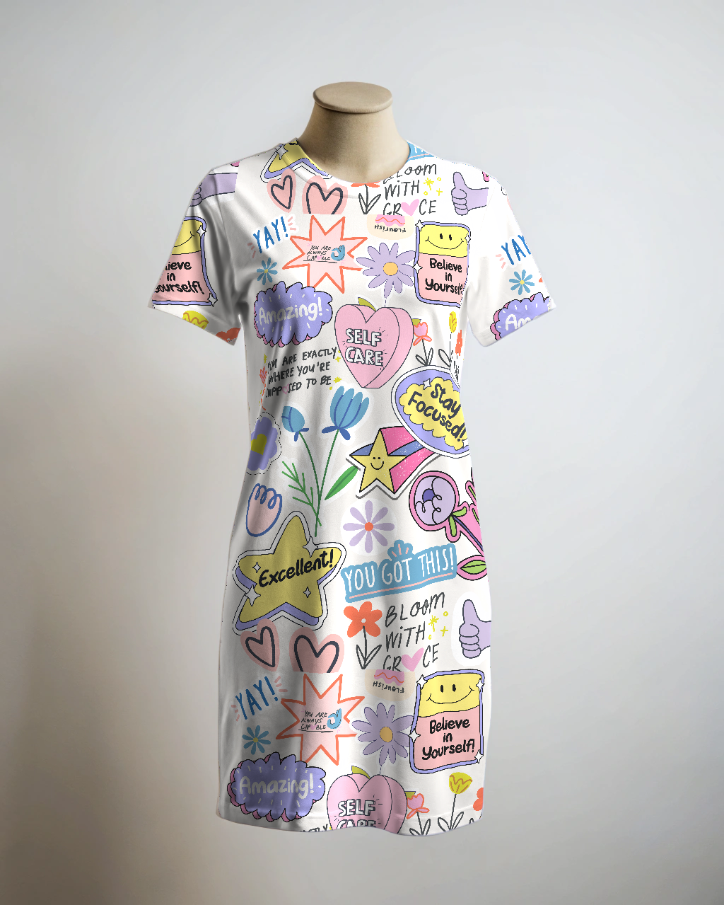 Cool Comfort Wear Stay Focussed Montage Print White T Shirt Dress