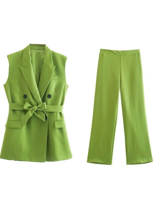 Slick Formal Style Green Zipper Pants Set