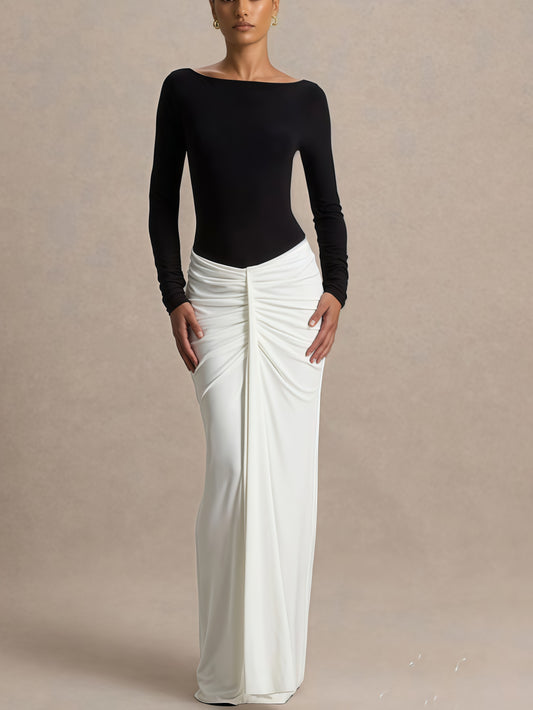 Beautiful Boat Neck Ruched Backless Maxi Dress