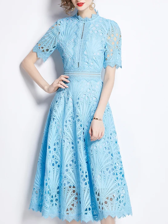 Beautiful Lace Crochet Blue Midi Dress