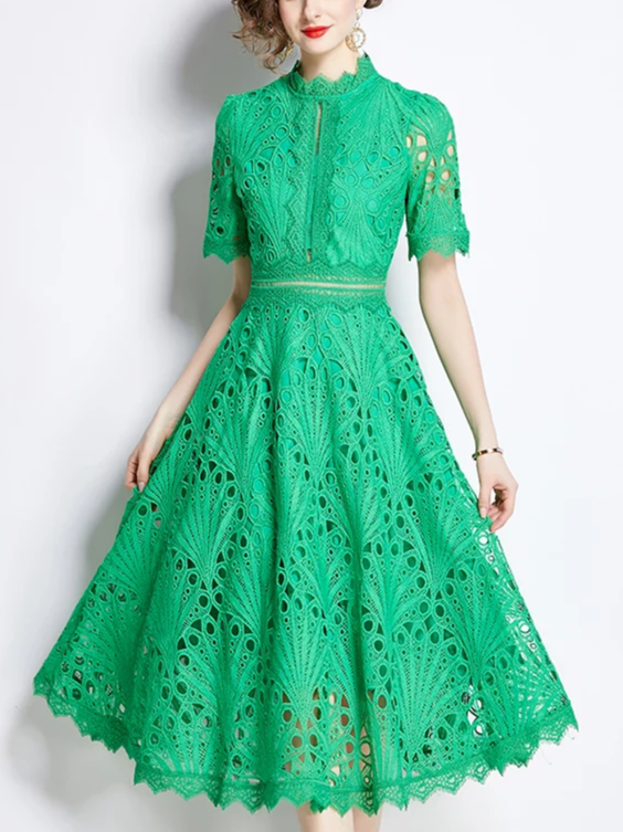 Beautiful Lace Crochet Green Midi Dress