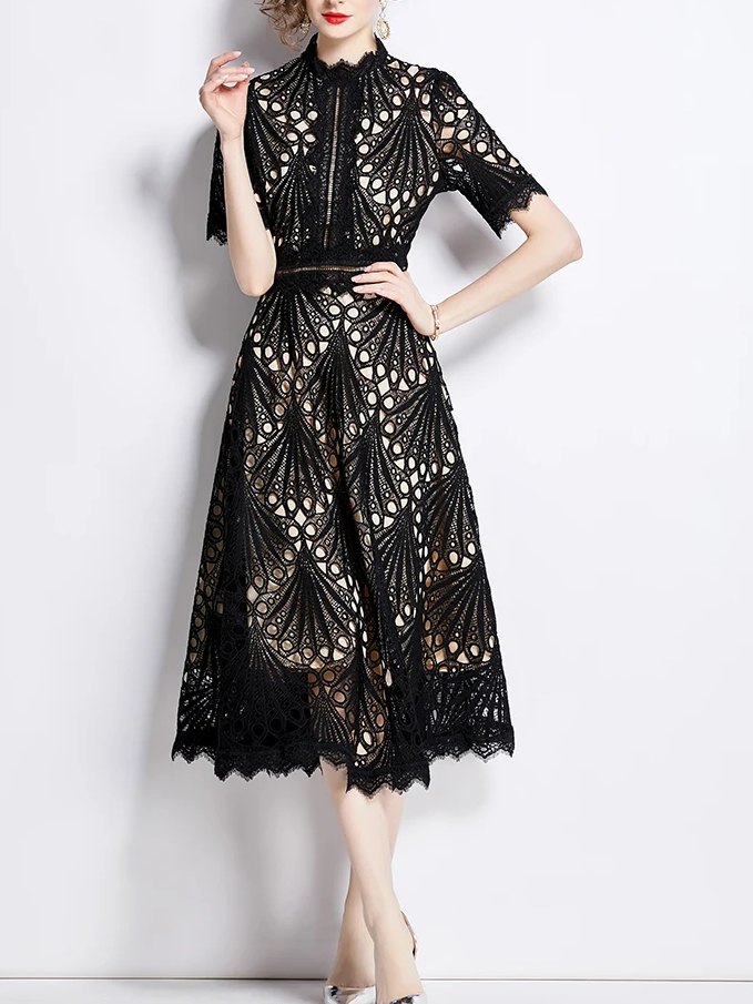 Beautiful Lace Crochet Black Midi Dress