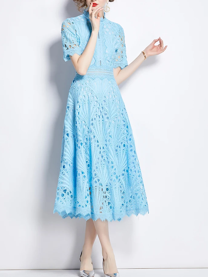 Beautiful Lace Crochet Blue Midi Dress