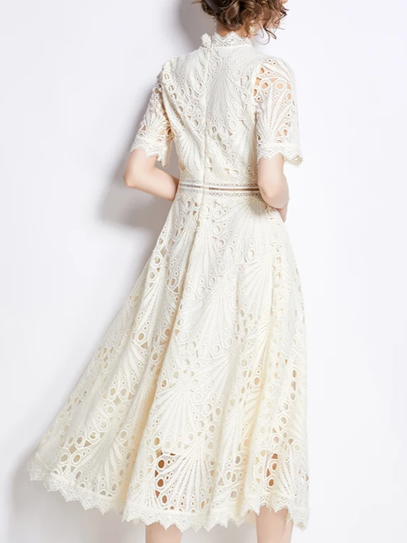 Beautiful Lace Crochet Apricot Midi Dress - Ships in 24 Hrs