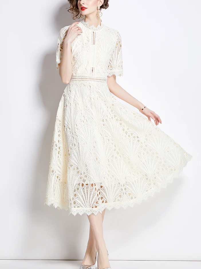 Beautiful Lace Crochet Apricot Midi Dress - Ships in 24 Hrs