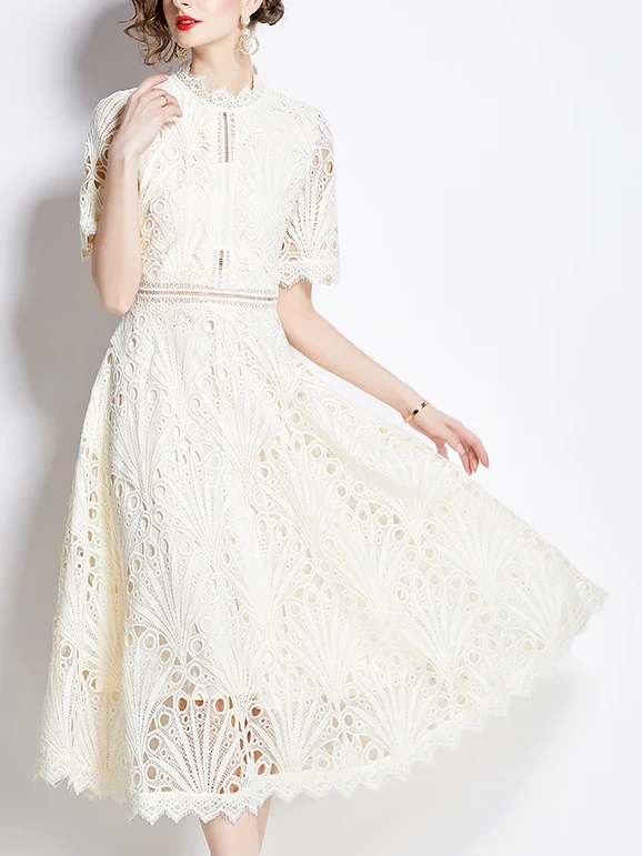Beautiful Lace Crochet Apricot Midi Dress - Ships in 24 Hrs