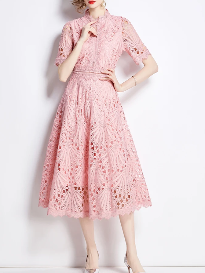 Beautiful Lace Crochet Pink Midi Dress - Ships in 24 Hrs