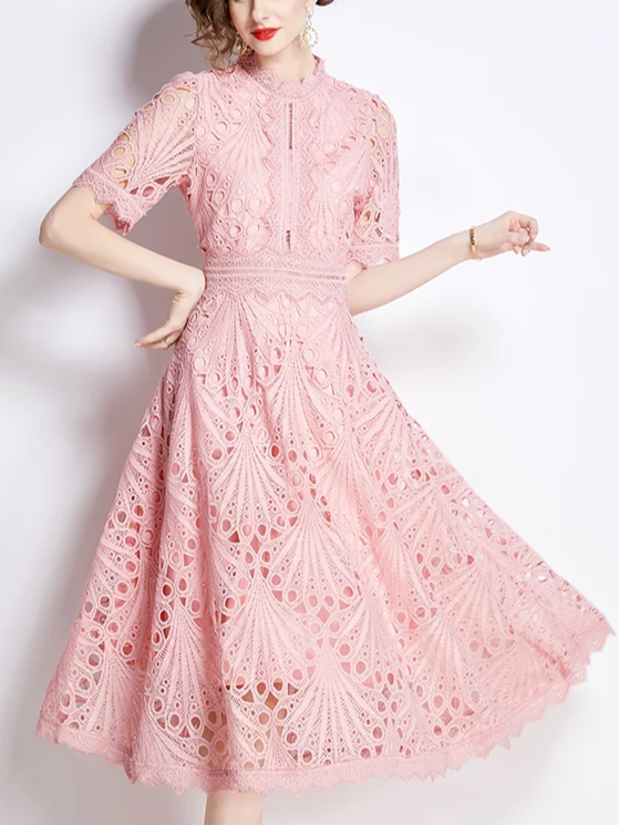 Beautiful Lace Crochet Pink Midi Dress - Ships in 24 Hrs