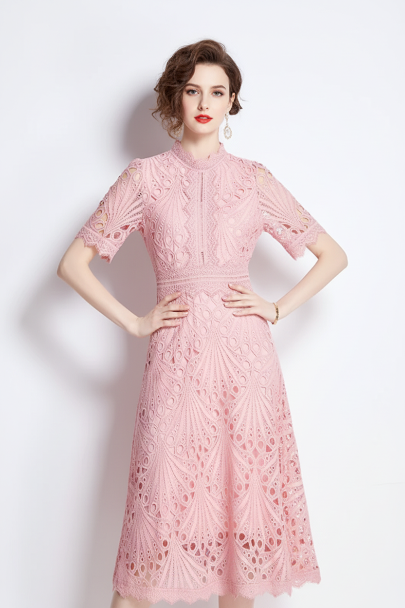 Beautiful Lace Crochet Pink Midi Dress - Ships in 24 Hrs