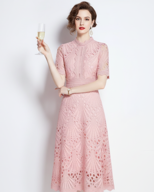 Beautiful Lace Crochet Pink Midi Dress