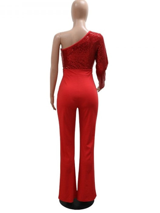 Bling Party Wear One Shoulder Sequin Red Jumpsuit