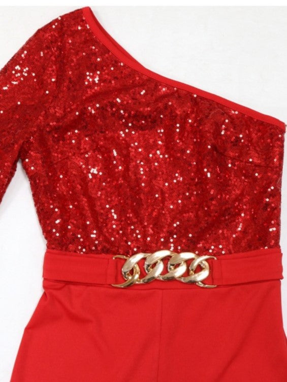 Bling Party Wear One Shoulder Sequin Red Jumpsuit