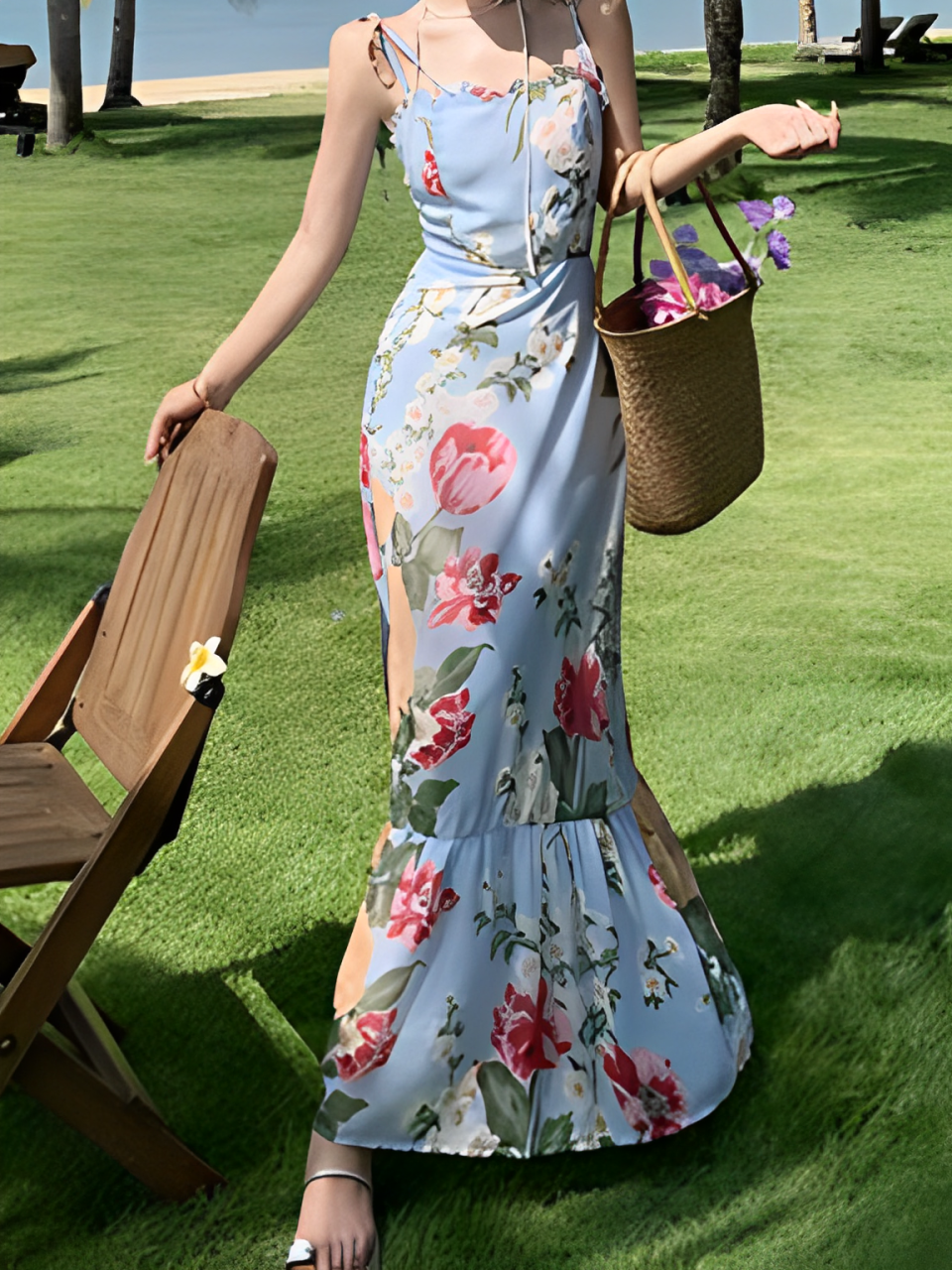 Bohemian French Style Floral Print Strap Holiday Dress