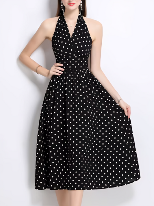 Bohemian Retro Dot French Style Black Dress - Ships in 24 Hrs