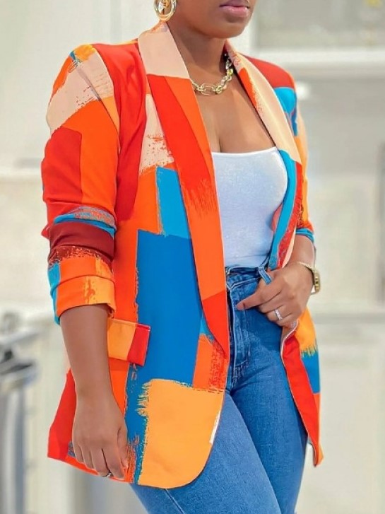 Bright Tie Dye Fitted Long Sleeve Orange Blazer Coat