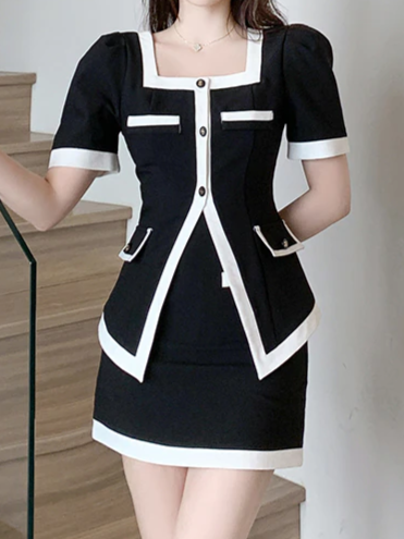 Business Style Color Block Puff Sleeve Top With Skirt Set