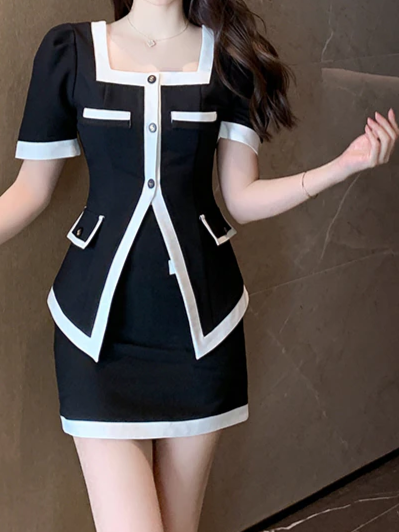 Business Style Color Block Puff Sleeve Top With Skirt Set