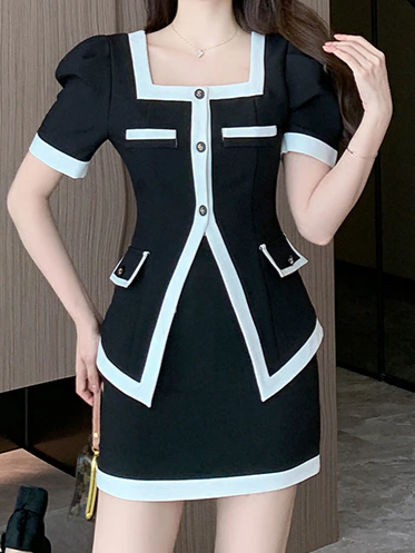 Business Style Color Block Puff Sleeve Top With Skirt Set