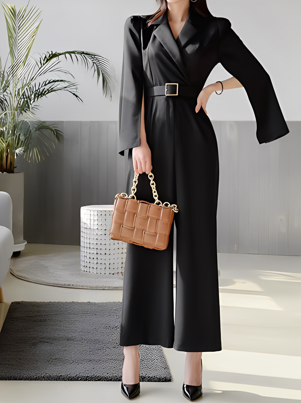 Business Style Long Wide Leg Black Jumpsuit