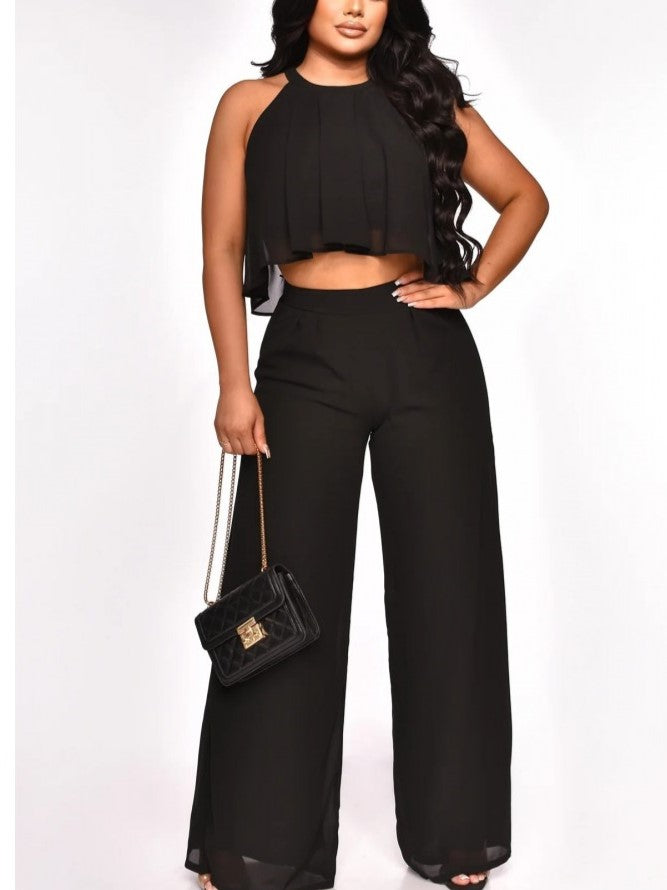 Casual Sleeveless Top With Trousers Black Set
