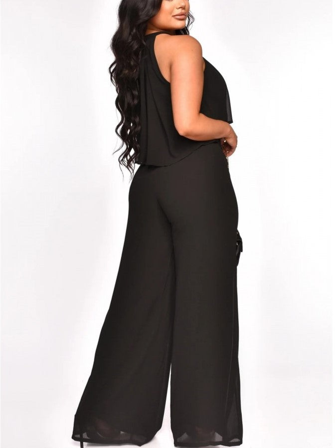 Casual Sleeveless Top With Trousers Black Set