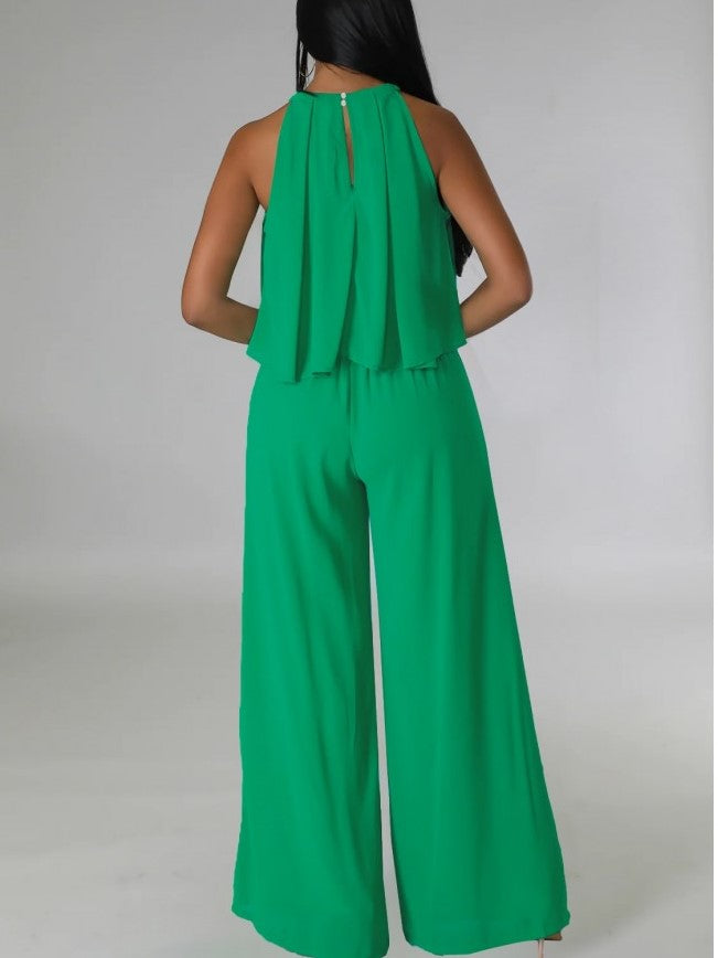 Casual Sleeveless Top With Trousers Green Set