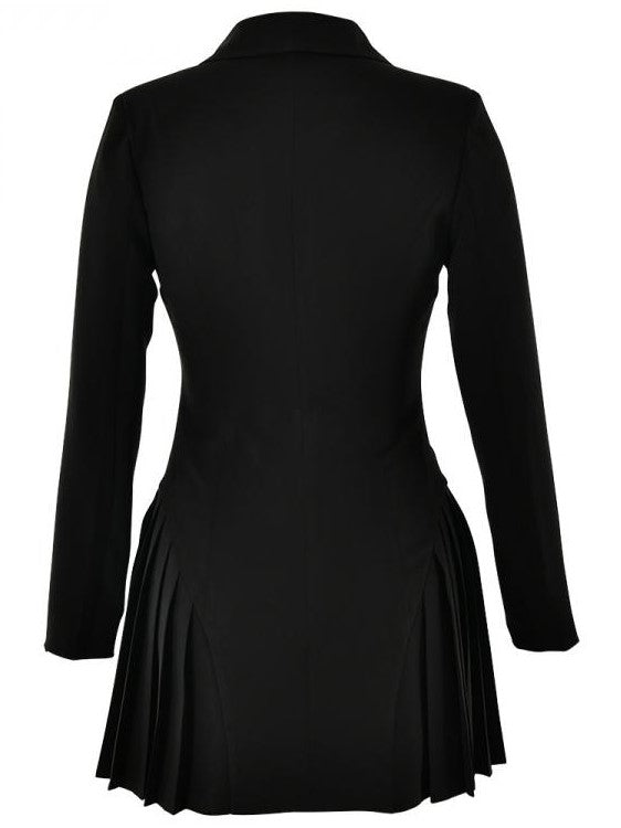 Chic Black Deep V Neck Pleated Mini Blazer Dress - Ships in 24 Hrs