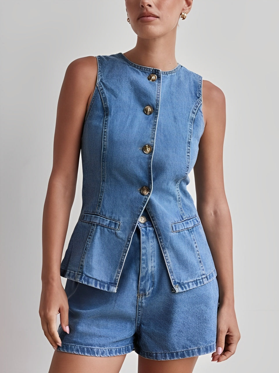 Chic Denim Button Up Shorts Light Blue Co ord Set