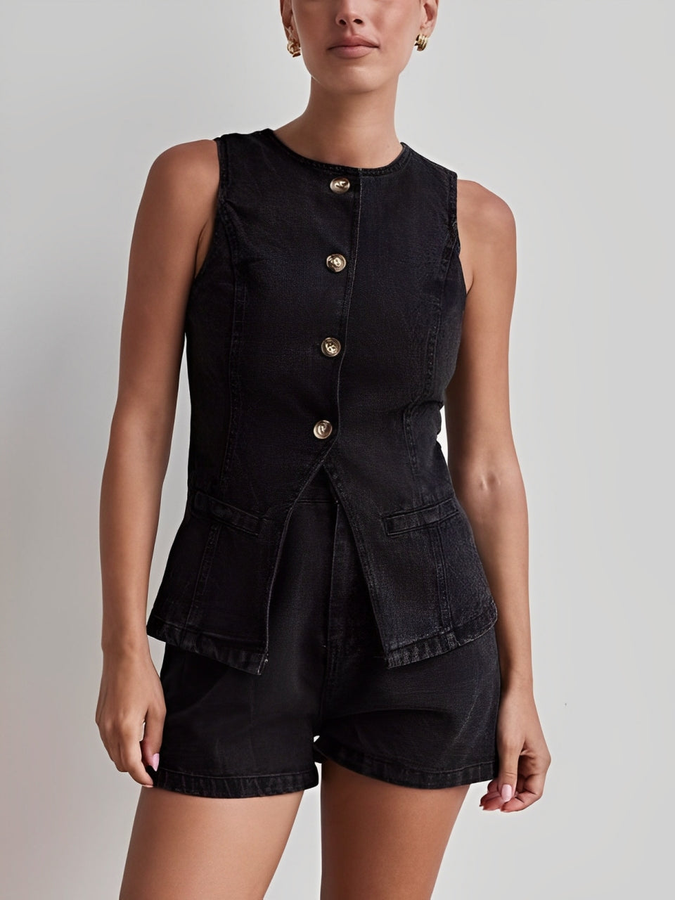 Chic Denim Button Up Shorts Black Co ord Set