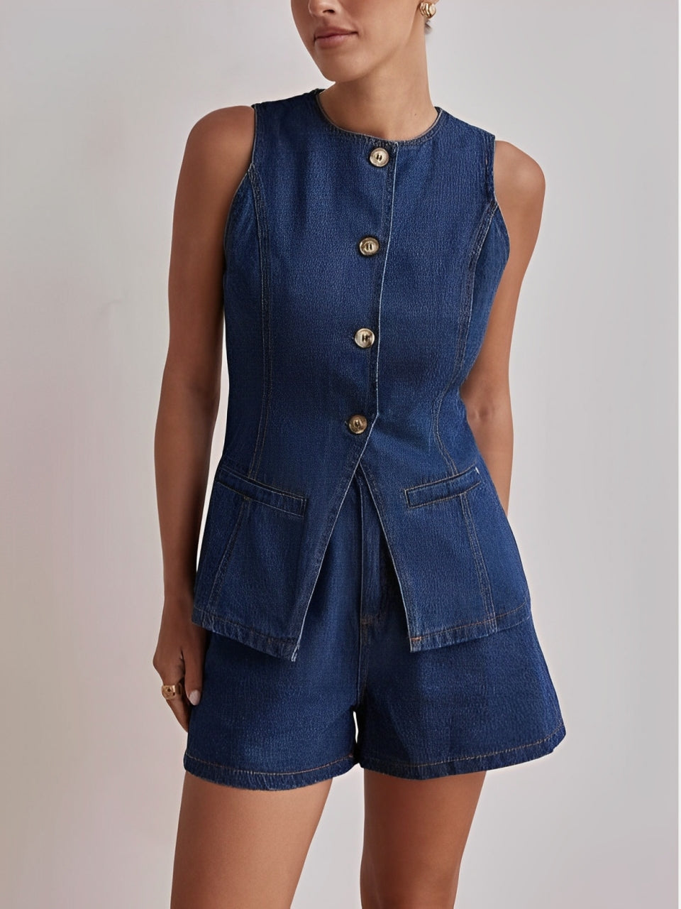 Chic Denim Button Up Shorts Blue Co ord Set