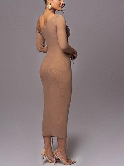 Chic Inclined Shoulder Ruffled Long Sleeve Dress