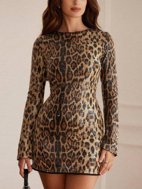 Chic Leopard Sequin Mini Dress - Ships in 24 Hrs
