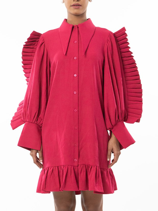 Chic Pink Pleated Ruffle Dress