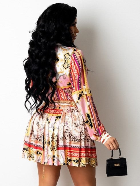 Chic Shirt With Mini Pleated Skirt Pink Set