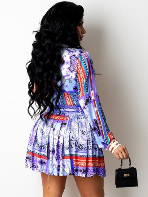 Chic Shirt With Mini Pleated Skirt Blue Set