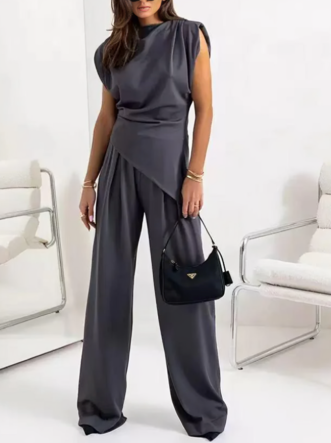 Classy Asymmetric Top With Tailored Pants Dark Grey Set