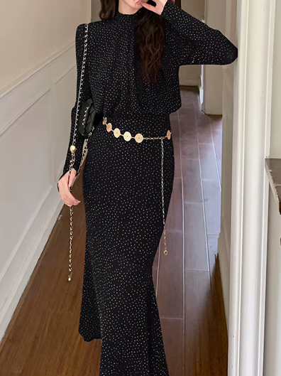 Classy Bright Diamond Decor Sheath Black Pencil Dress