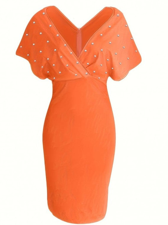 Classy Pearl Decor V Neck Orange Dress
