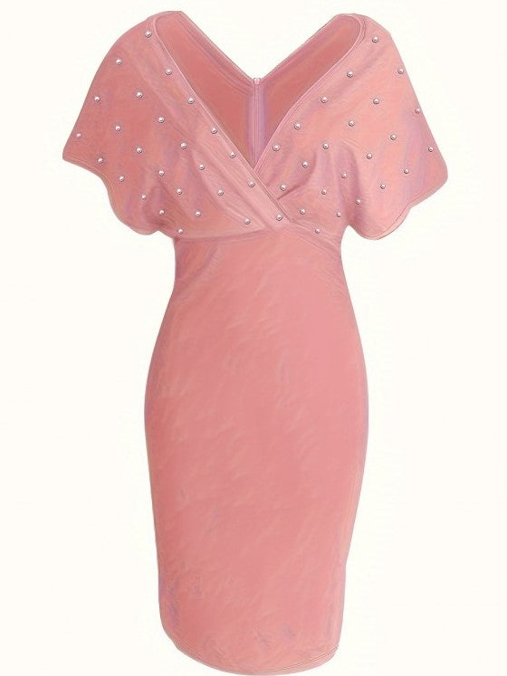 Classy Pearl Decor V Neck Pink Dress