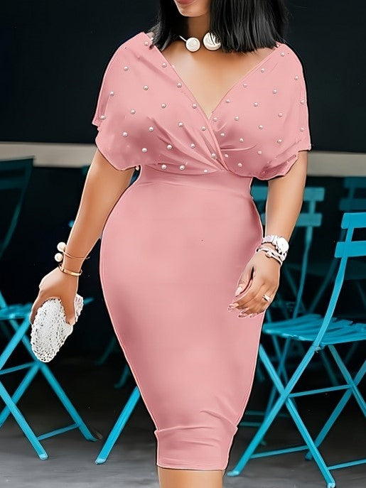Classy Pearl Decor V Neck Pink Dress