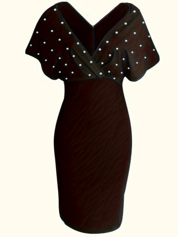 Classy Pearl Decor V Neck Black Dress - Ships in 24 Hrs