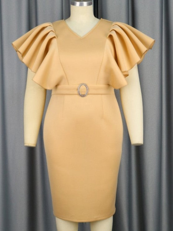 Classy Short Ruffle Sleeve High Rise Fitted Dress