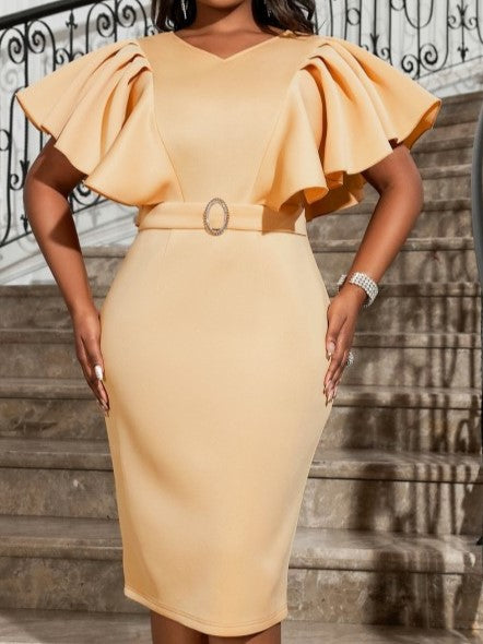 Classy Short Ruffle Sleeve High Rise Fitted Dress