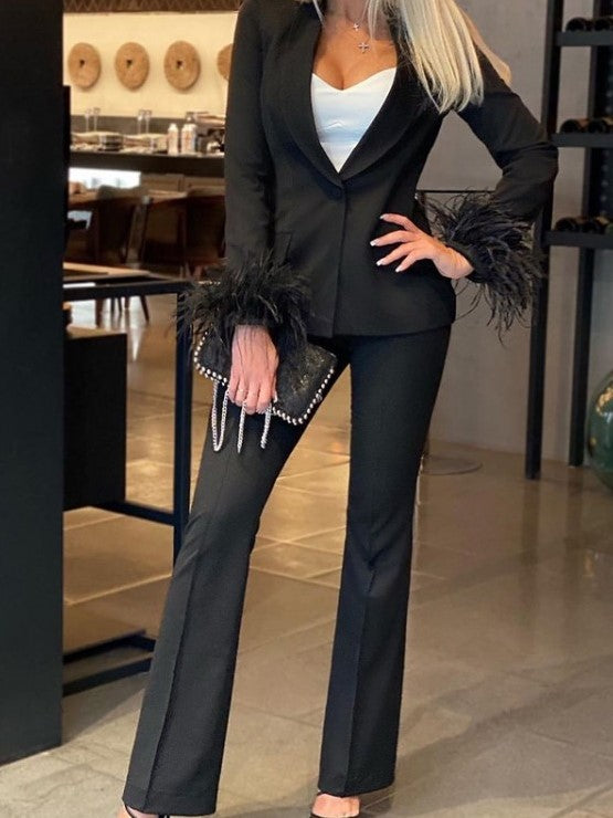 Classy Solid Feather Blazer With Black Trouser Set