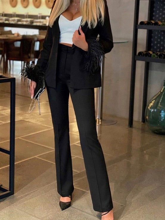 Classy Solid Feather Blazer With Black Trouser Set - Ships in 24 Hrs