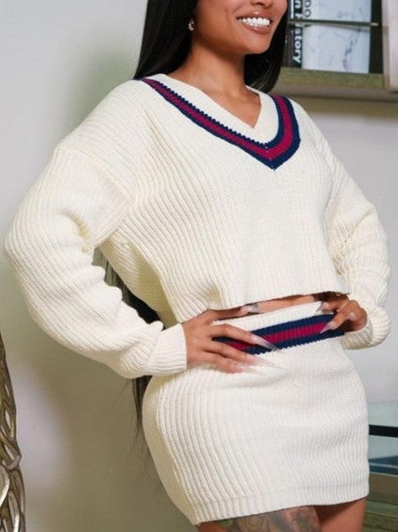 Classy Winter Style Knit Stripped Trim V Neck Cropped Skirt Set