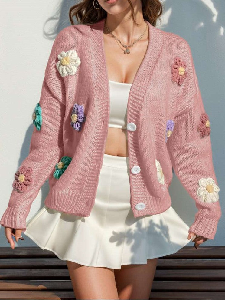 Cute Winter Wear Flower Decor Knit Pink Cardigan