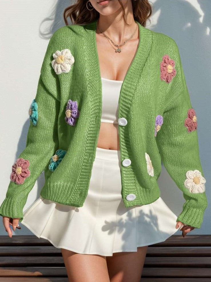 Cute Winter Wear Flower Decor Knit Green Cardigan